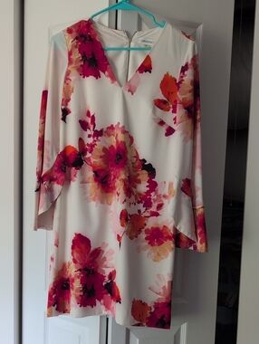 Calvin Klein White Shift Dress with Pink & Orange Floral Print